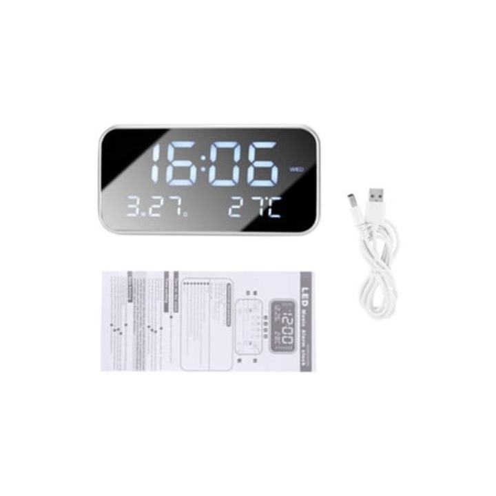 Dekoratív LED óra nagy kijelzővel, tükörrel, dátummal és hőmérővel, fehér