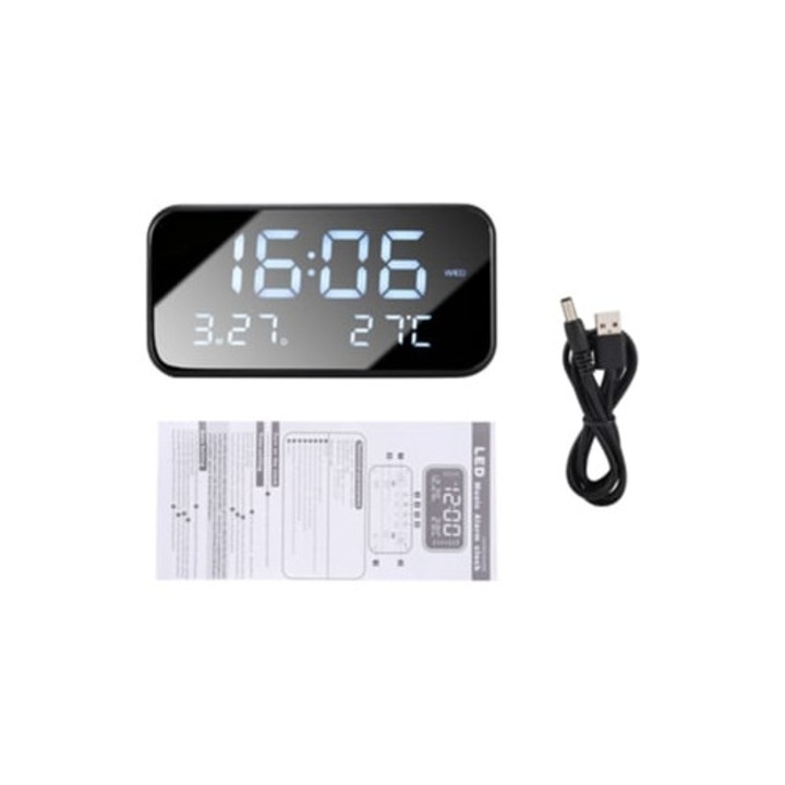 Nagy LED kijelzős digitális óra, ébresztő, tükör, dátum és hőmérő, fekete