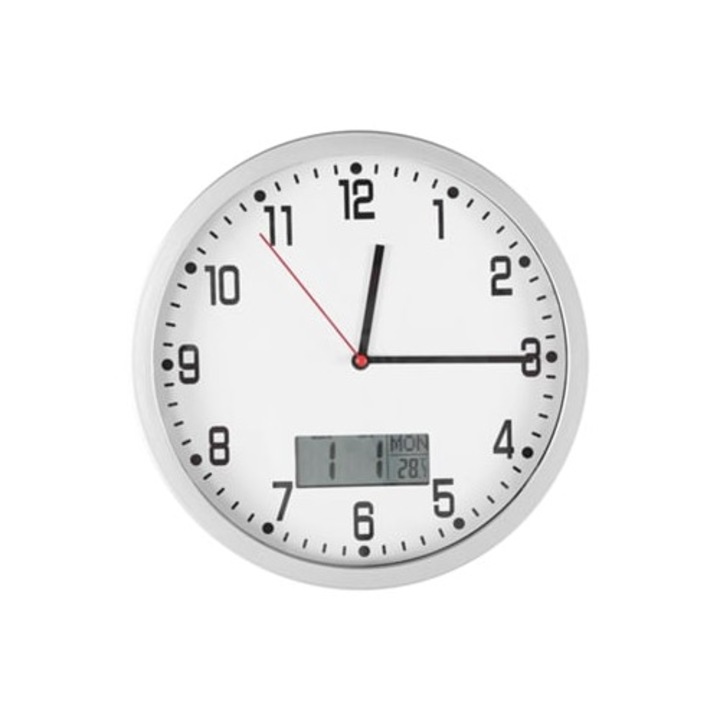 Ceas decorativ modern multifunctional cu afisare data si temperatura, 30x30cm