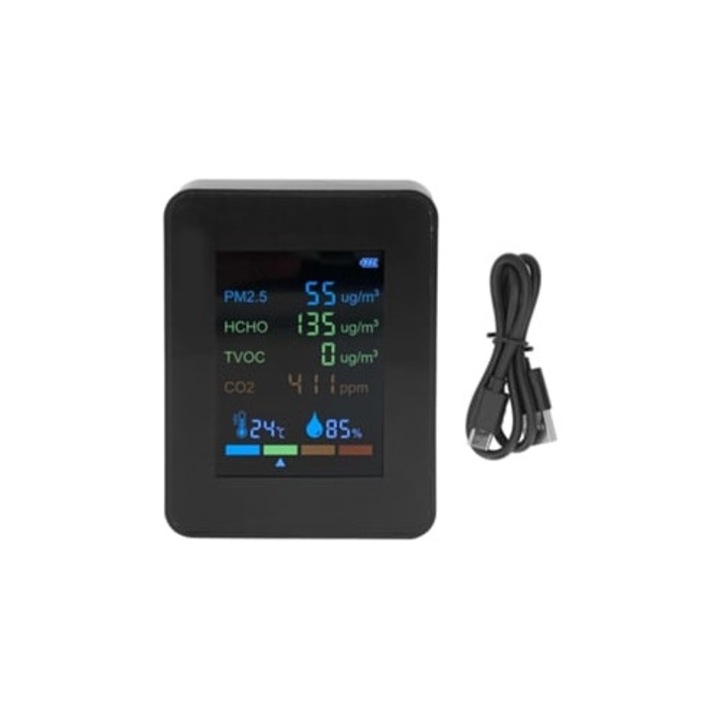 Masurator CO2 multifunctional 6 in 1, calitate aer, temperatura, PM2.5, TVOC, HCHO, incarcare USB