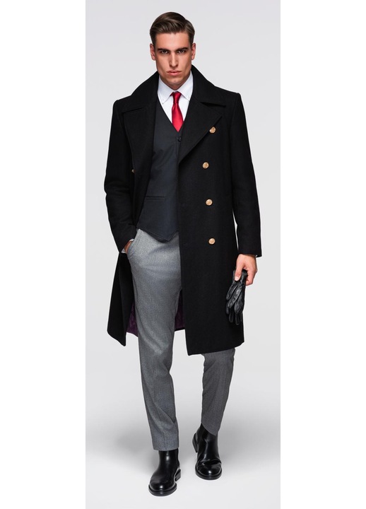 Palton militar elegant din lana cu doua randuri de nasturi OMBRE OM-COWC-0145, Negru