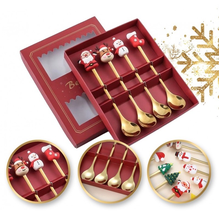 Set tacamuri pentru Craciun, 4 linguri aurii, figurine cu tematica magica de Craciun, JollyMag, LYZ4