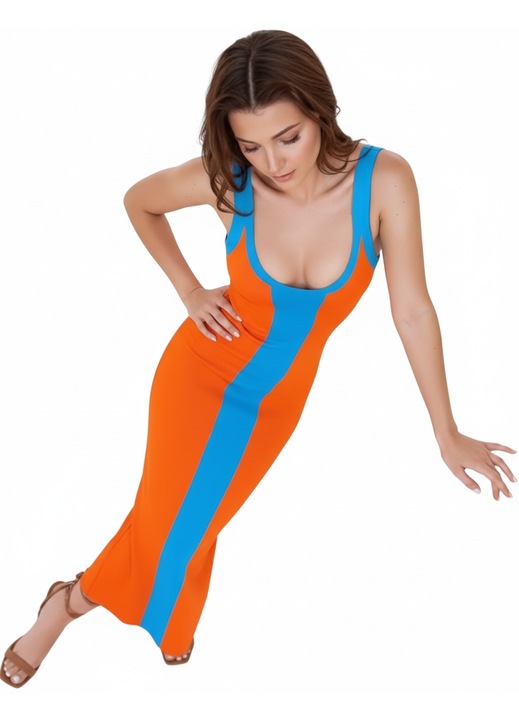 Rochie lunga modelatoare cu decolteu adanc, culoare portocaliu, marime S