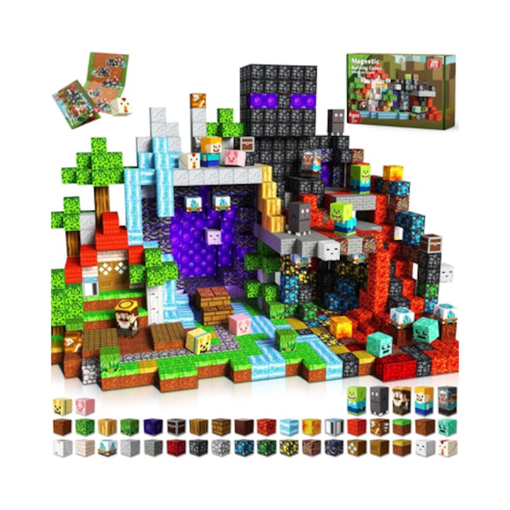Магнитни строителни блокчета Minecraft 300 части, BLLEXAR®, множество модели, развиване на двигателни умения, креативност и когнитивно развитие, ABS пластмаса, 1 - 6+ години, многоцветни, подобни на лего