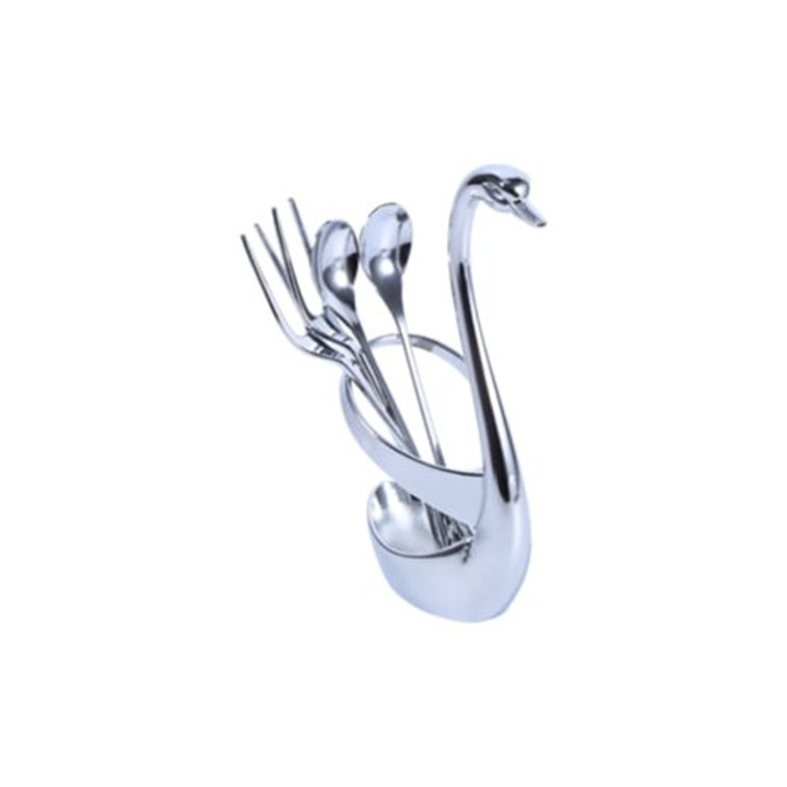 Elegáns rozsdamentes acél evőeszköz készlet gyümölcsvillával, kávéskanállal és hattyú alakú tartóval