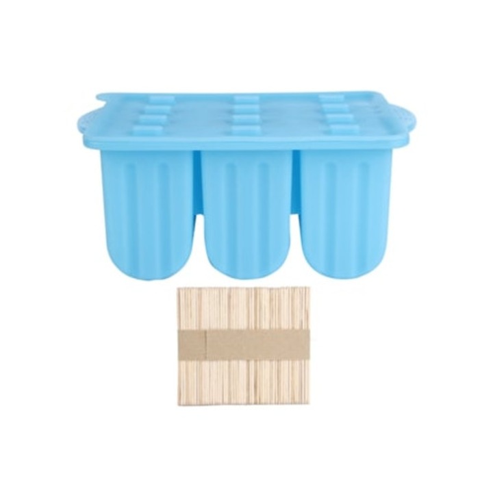 Újrafelhasználható jégkockaforma, 12 rekeszes, fedeles, kék