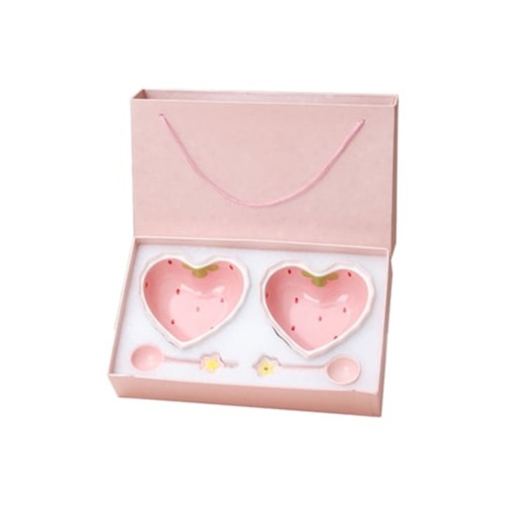 Bol ceramic roz in forma de inima cu lingura, rezistent la temperaturi ridicate, set pentru salata si desert