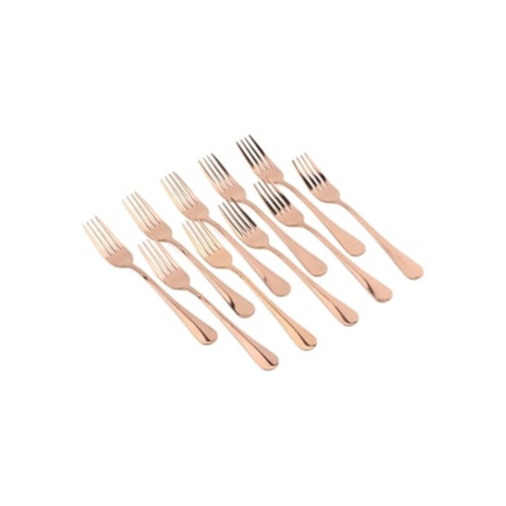 10 darabos hosszú nyelű rozsdamentes acél villa készlet, rózsaarany