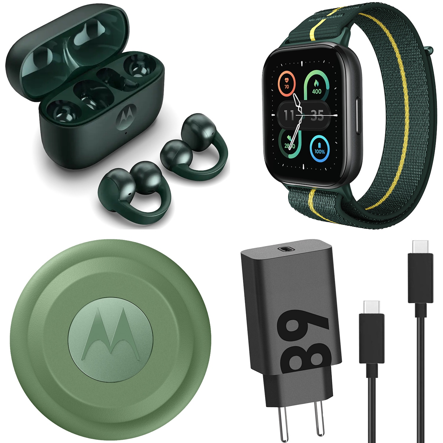 Pachet Casti bluetooth stereo Moto Buds Loop + Smartwatch Motorola Moto Watch Fit +Tracker Moto Tag + Incarcator retea TurboPower 68W