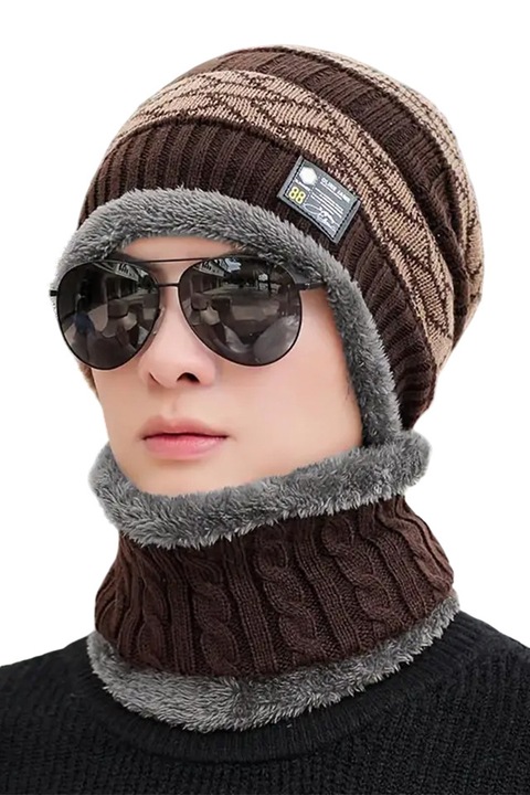 Set doua piese, caciula de barbati si fular asortat, model elegant si calduros, tematica special day, marime universala, maro, EFAYN