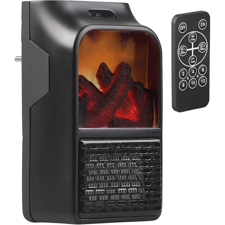 Aeroterma Electrica Portabila, Rqiurpn, efect de semineu, 1000W, 15-32°C, dimensiuni 18x10,5x11,5cm, Functie On/Off, Protectie Supraincalzire, Conectare Directa La Priza, telecomanda inclusa, Ajustare Temperatura, Pentru Casa