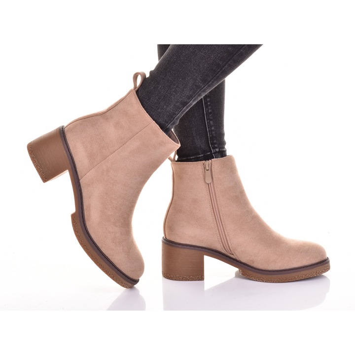 Botine dama Martinus, piele ecologica intoarsa, toc stabil, Bej