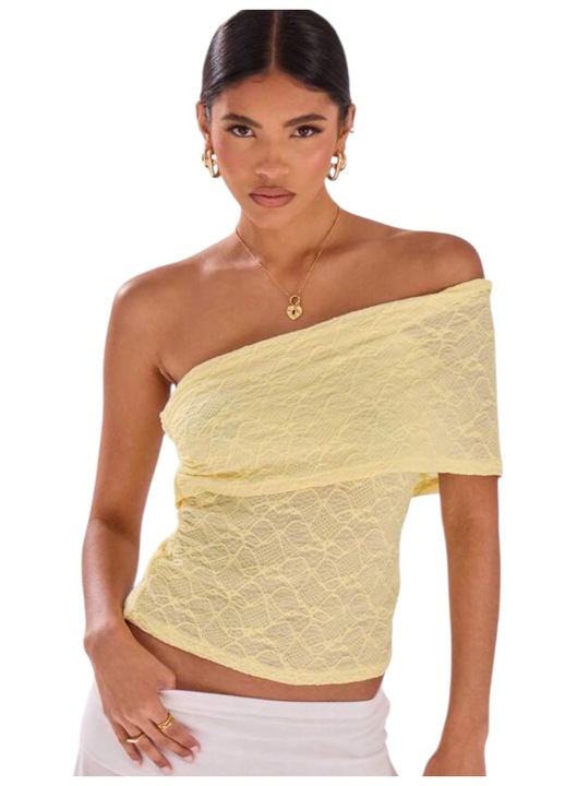 Top texturat din plasa, cu un umar, casual, galben, S
