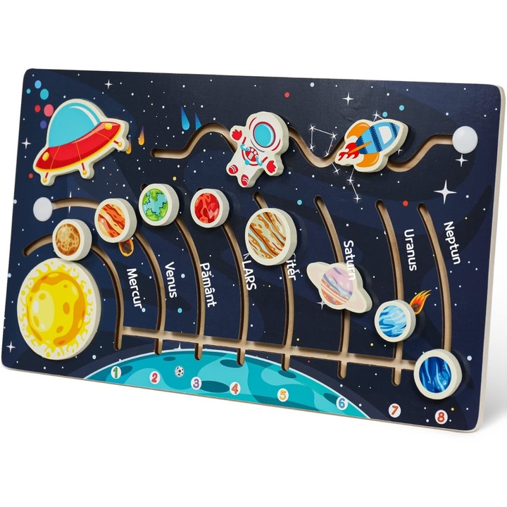 Puzzle Solar Sistem din Lemn pentru Copii, RQQM, Activitati Educationale, Multicolor