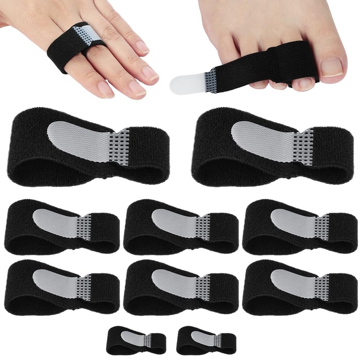 Pachet de 10 benzi elastice reglabile pentru atele de degete, benzi elastice pentru degete rupte, ciupite, umflate sau dislocate - Negru
