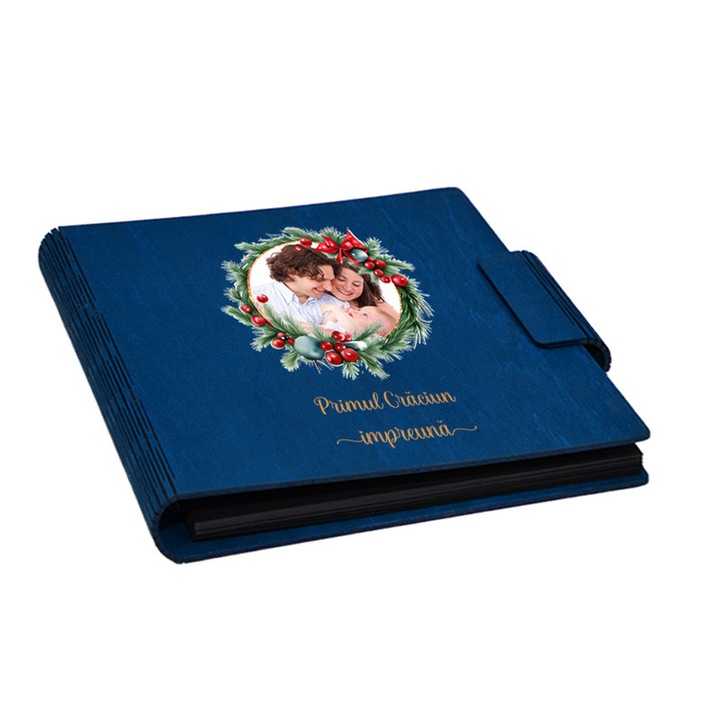 Album foto, coperta lemn, Primul Craciun impreuna, Albastru, Piksel, 22x22 cm