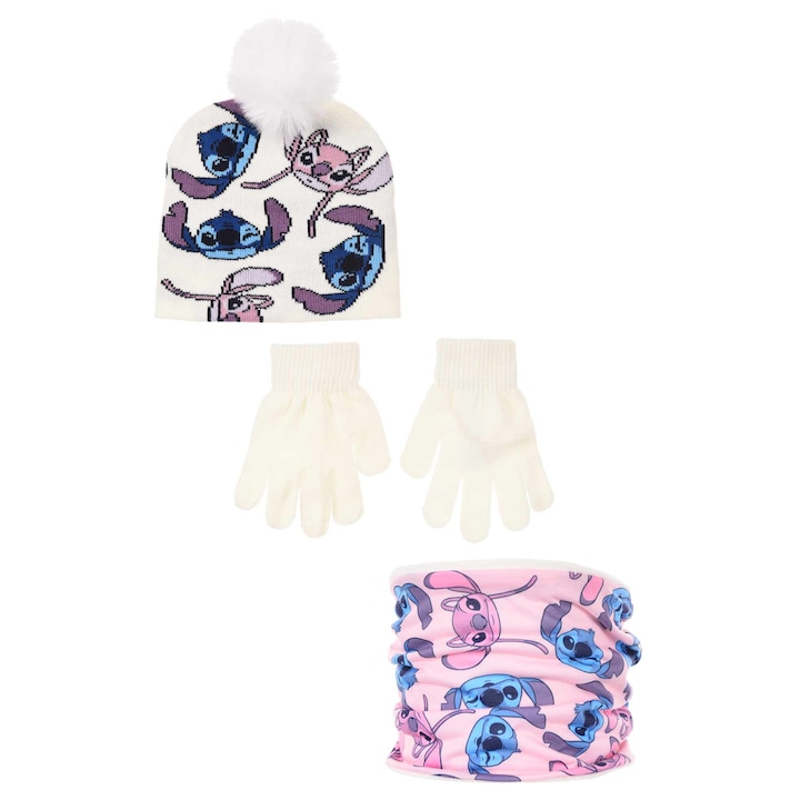 Set 3 piese iarna, caciula, guler si manusi Lilo & Stitch 34818, Alb