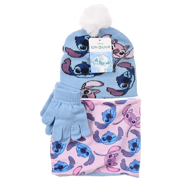 Set 3 piese iarna, caciula, guler si manusi Lilo & Stitch 34818, Albastru