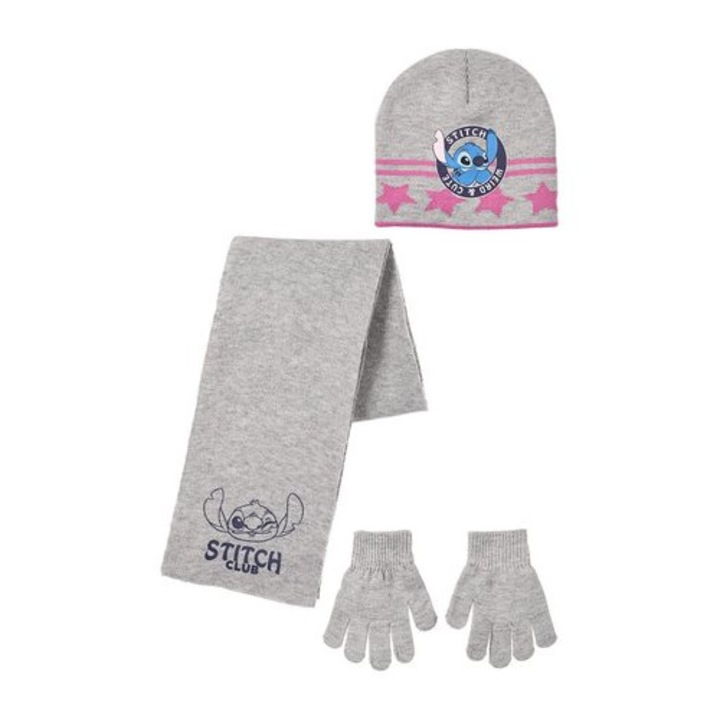 Set 3 piese pentru copii, caciula, fular si manusi Lilo & Stitch 34854, Gri