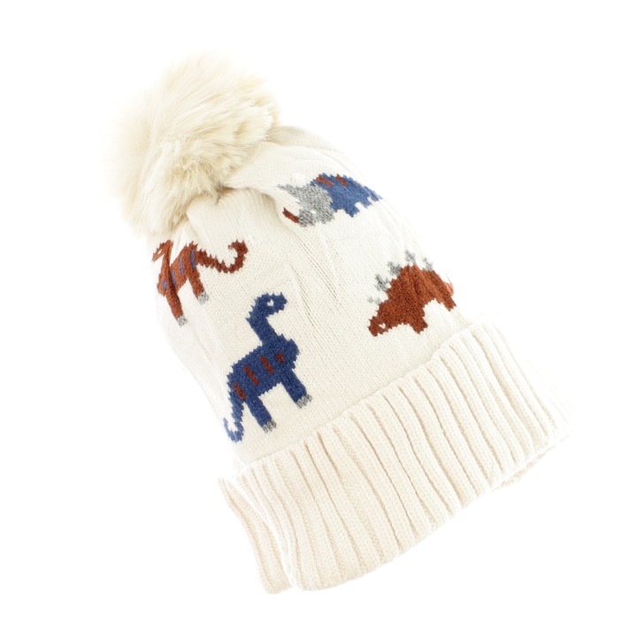 Детска шапка, Buticcochet, от вискоза и синтетика, модел с динозаври, Кремава - FES372