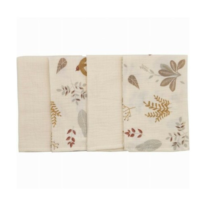 Set 4 lavete, Bubaba, Din muselina, Dimensiune 40x40 cm, Pentru spalarea si ingrijirea fetei si a corpului bebelusului dupa masa sau baita, Beige Leafs