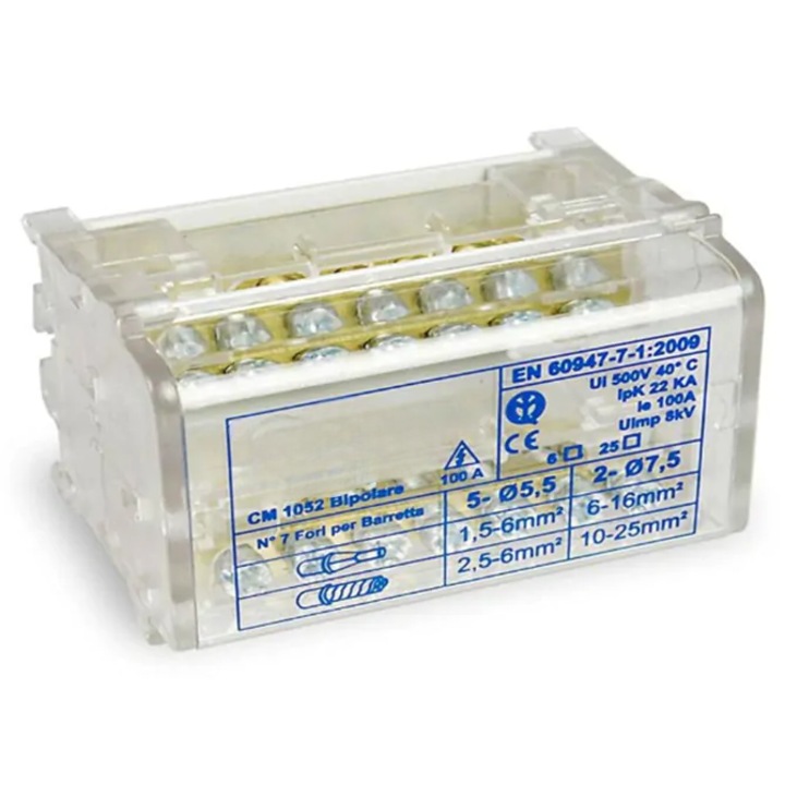 Bloc Terminal de Distributie cu Capac 2x7 Poli, 100A, 500V, Italia