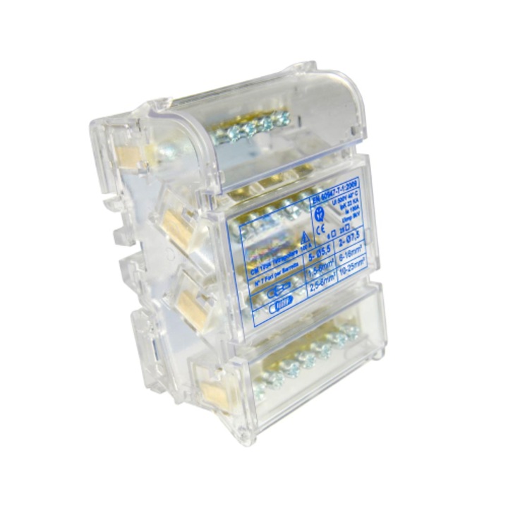 Bloc Terminal Distributie Retro Electrica®, FAEG, Bloc Terminal Distributie 4x7 Poli 100A 500V, Bloc Terminal Cu Capac Transparent, Conector Electric Tablou, Montaj Sina DIN Panou, Organizare Sigura Instalatii, Design Modular Italia, Transparent