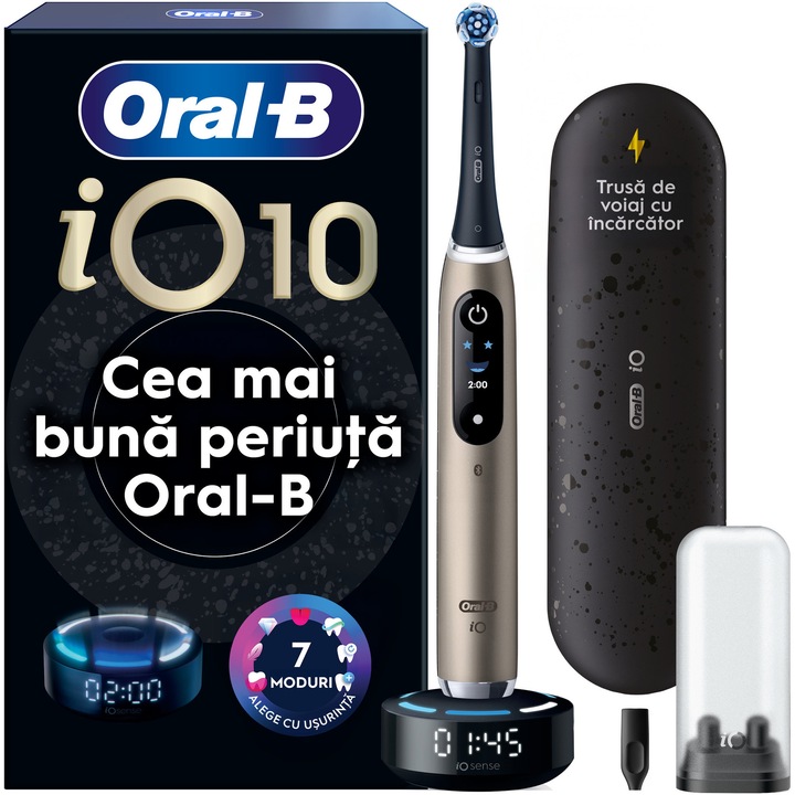 Periuta de dinti electrica Oral-B iO10 Lunar Gold, 1 Capat de Periaj Ultimate Clean, 1 incarcator Magnetic Rapid cu iO Sense Cleaning Coach, 1 Husa de Calatorie pentru incarcare, 1 Suport Igienic pentru Capatul de Periaj