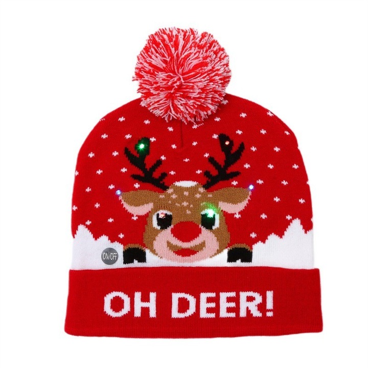 Зимна шапка с LED и помпон, коледна тематика със симпатичен елен, JollyMag, CZ50