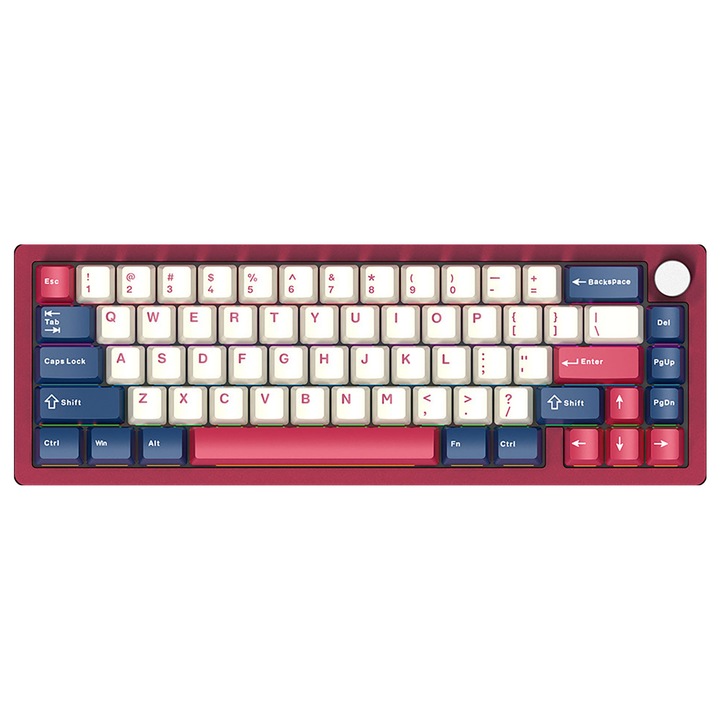 Геймърска механична клавиатура, eleBite®, безжична/с кабел, Bluetooth, 2.4Ghz, алуминиев корпус, 65% оформление, 69 клавиша, GASKET структура, ротационен контрол на звука, съвместима с Windows/macOS/PS4, RGB, 3000mAh, лилаво-червено