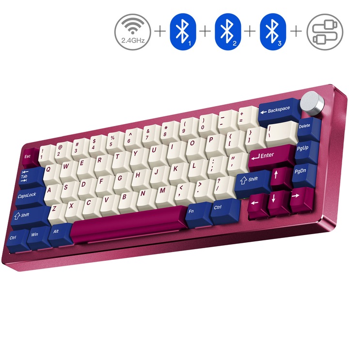 Геймърска механична клавиатура, eleBite®, безжична/с кабел, Bluetooth, 2.4Ghz, алуминиев корпус, 65% оформление, 69 клавиша, GASKET структура, ротационен контрол на звука, съвместима с Windows/macOS/PS4, RGB, 3000mAh, Лилав/Червен