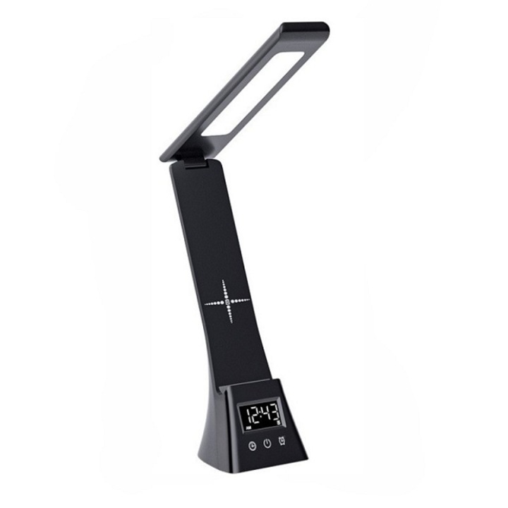 Lampa LED de birou, cu incarcare wireless 15W iOS Android, suport pentru telefon, reglaj intensitate 4 niveluri, lumina alba, calda si rece, design modern ajustabil USB cu control tactil