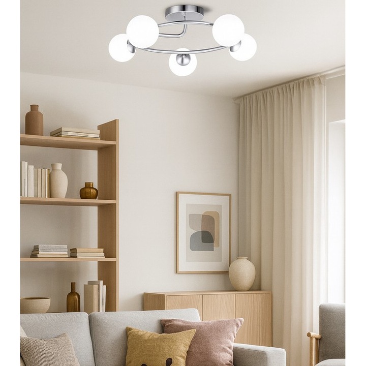 Модерна висяща лампа с 5 фасунги E27 и сферични абажури, хромиран корпус, Wheel 63 см диаметър ZenLED®