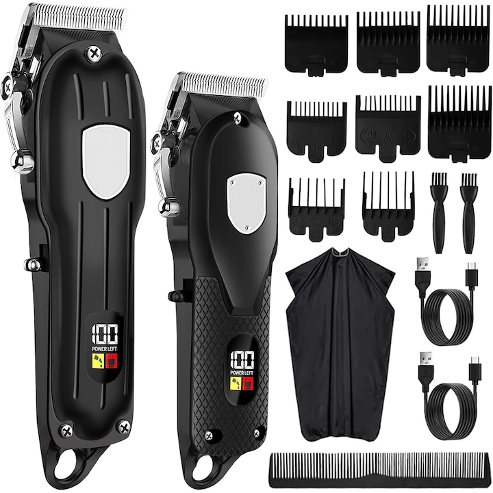 Професионална безжична машинка за подстригване за мъже, 7200 RPM Мощен мотор, Уред за подстригване на коса и брада с остриета от неръждаема стомана, 8 регулируеми гребена, 15 части, LCD дисплей, Голяма автономност 250 минути, USB зареждане, FilSAB