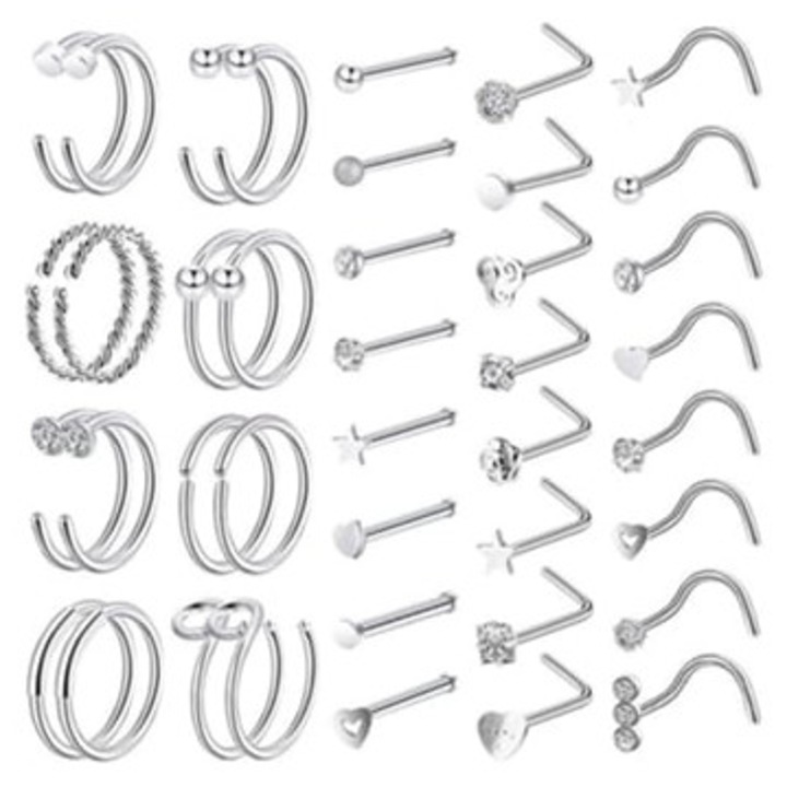 Set 40 cercei nazali din titan, Argintiu