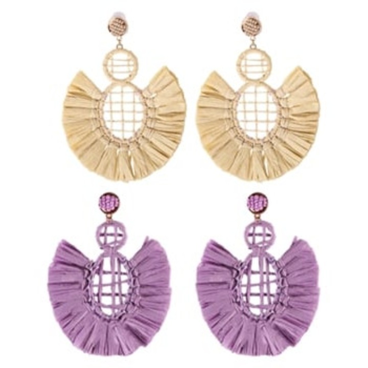 Set 2 Perechi cercei rotunzi din rafie, pentru femei, Crem / Mov