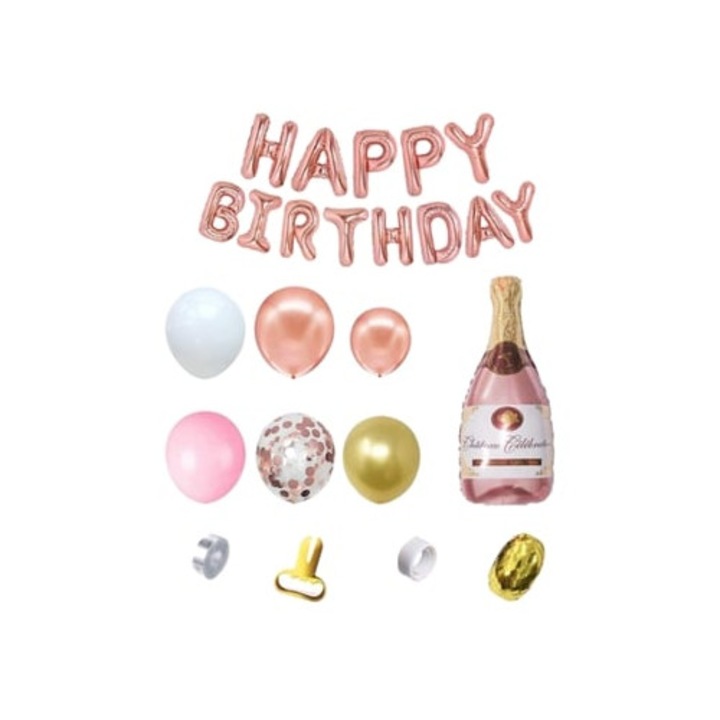 Lufik, rózsaarany pezsgősüveg, születésnapi dekoráció
