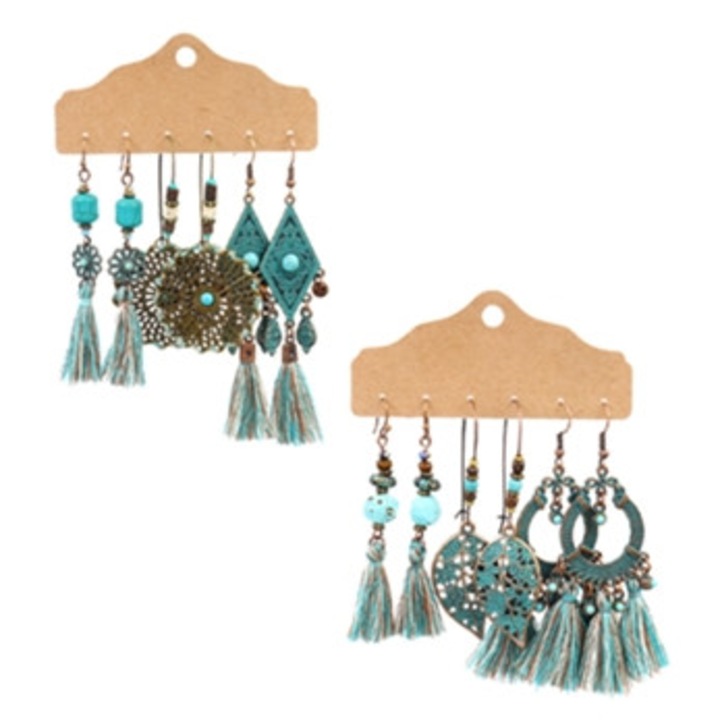 Cercei cu franjuri, stil boho, pentru femei si fete, Albastru