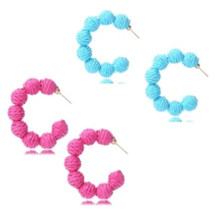 Set 2 Perechi cercei din ratan stil Boho Lafite Ball, bijuterii de plaja pentru femei, Roz / Albastru