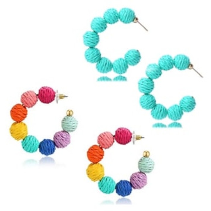 Set 2 Perechi cercei din ratan stil Boho Lafite Ball, bijuterii de plaja pentru femei, multicolor