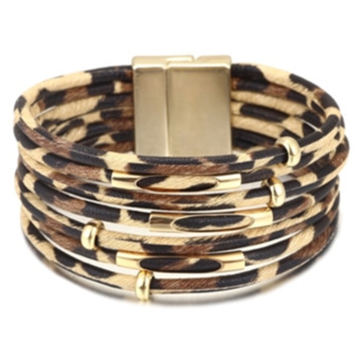 Bratara, Piele ecologica, Imprimeu leopard, bijuterii dama, Maro / Auriu