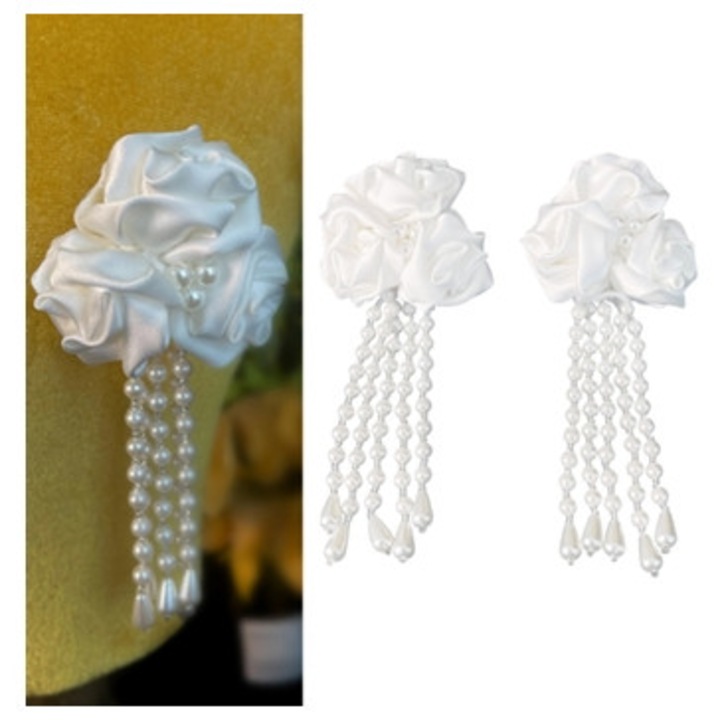 Cercei de mireasa in forma de floare cu ciucure, pentru nunti si petreceri, Alb