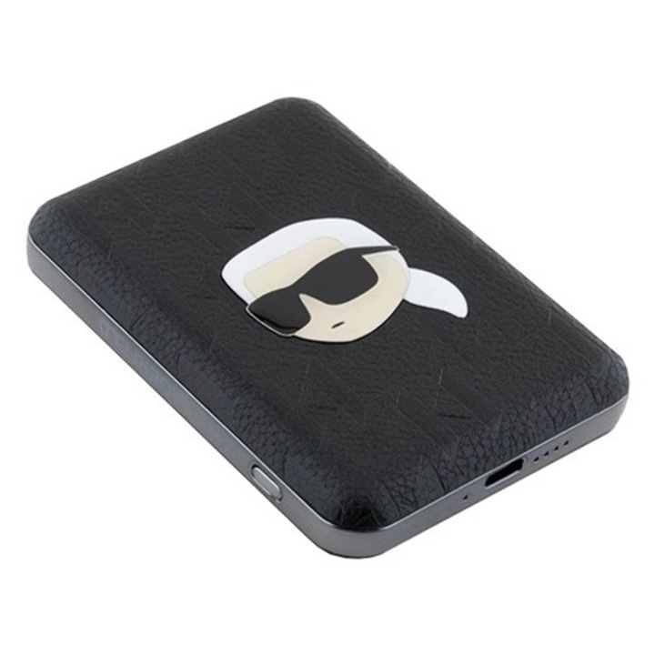 Karl lagerfeld karl head pin vésztöltő type-c aljzat, 5000mah, 15w, wireless, magsafe, led jelzés, fekete