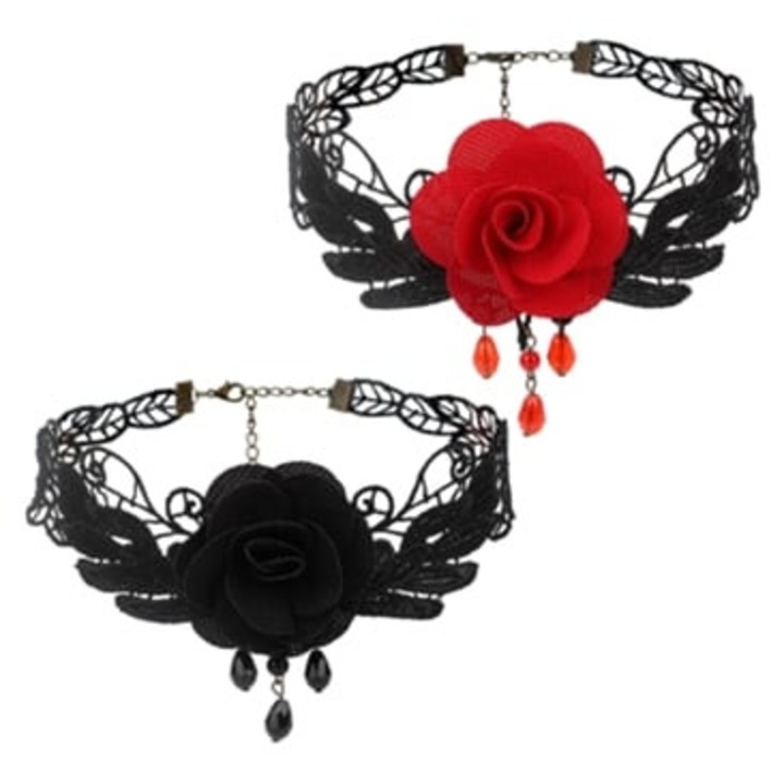Choker Dama, Dantela, Model Vintage, 2 Bucati, Negru/Rosu