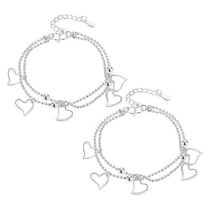 Bratara de glezna pentru femei, 2 bucati, model inimi, argintiu