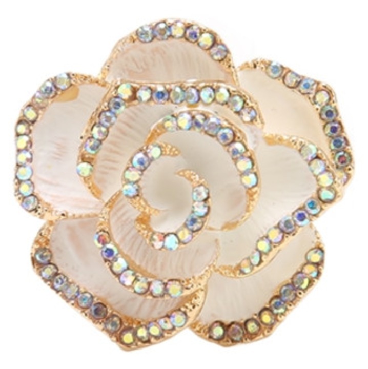 Brosa eleganta dama, stil retro, model floare, alb/auriu