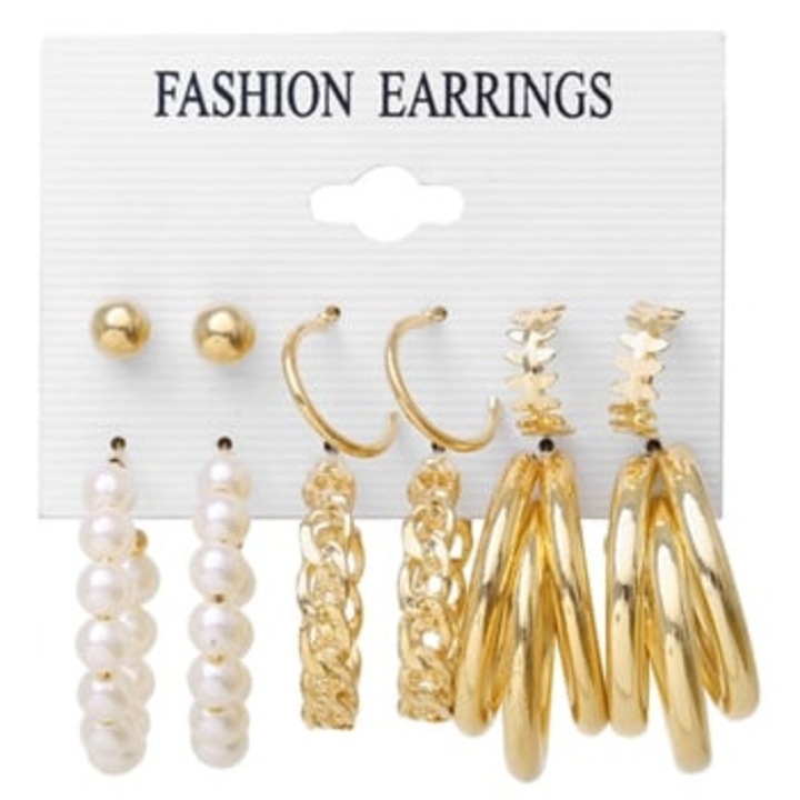 Set cercei dama, stil vintage, 6 perechi, auriu/alb