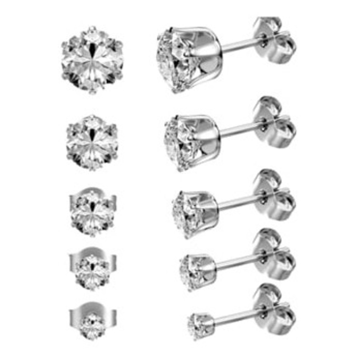 Cercei din aur de 14K cu zirconii cubic pentru femei, set de 5 perechi, argintiu