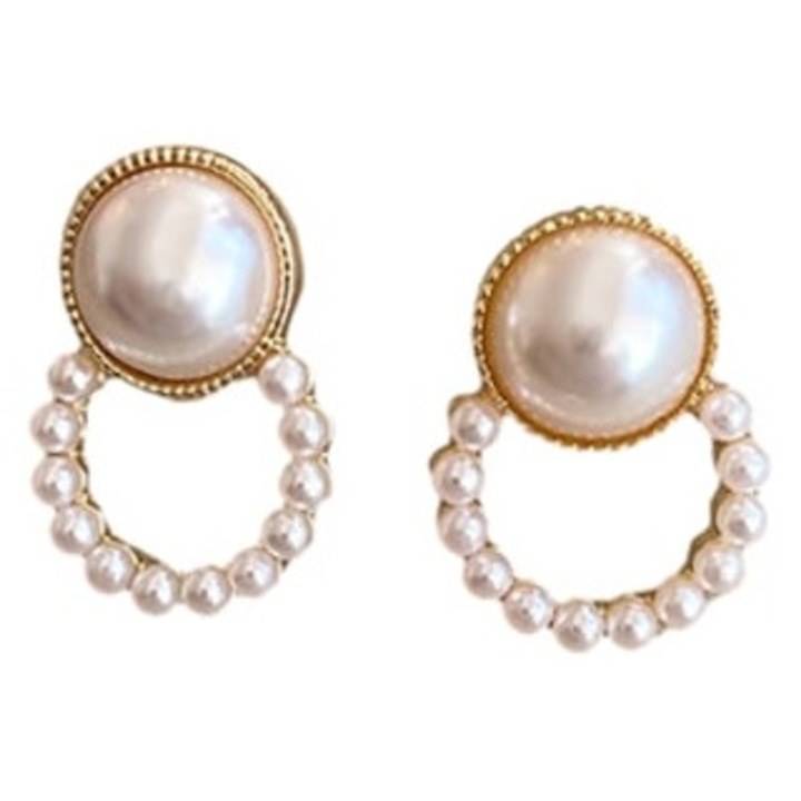 Cercei dama, cu catarama din perla, aurii, perla alba