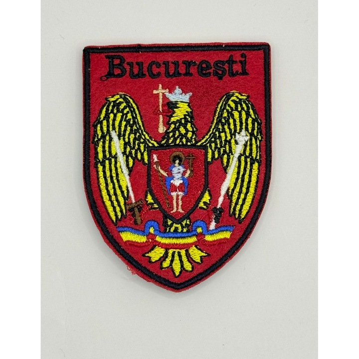 Patch brodat/ Emblema suvenir Romania - model Stema Bucuresti, termoadesiv, aplicabil prin calcare
